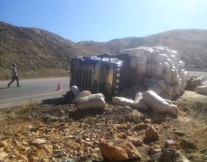 Saman yüklü kamyon, Pertek Singeç köprüsü yakınlarında devrildi