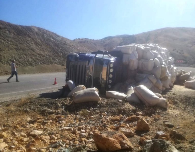 Saman yüklü kamyon, Pertek Singeç köprüsü yakınlarında devrildi