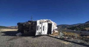 Pülümür’de virajı alamayan saman yüklü kamyon devrildi