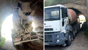 Elazığ’da şoför yüksekliği hesap edemedi, beton mikseri köprüye sıkıştı