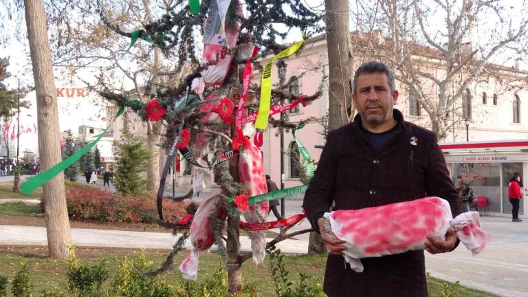 Elazığ’da çam ağacına Filistin bayrakları ve kanlı torbalar asıldı