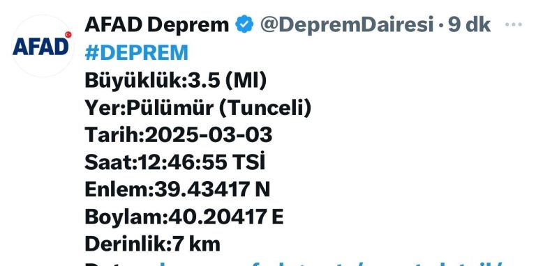 pülümür’de 3.5 büyüklüğünde deprem meydana geldi