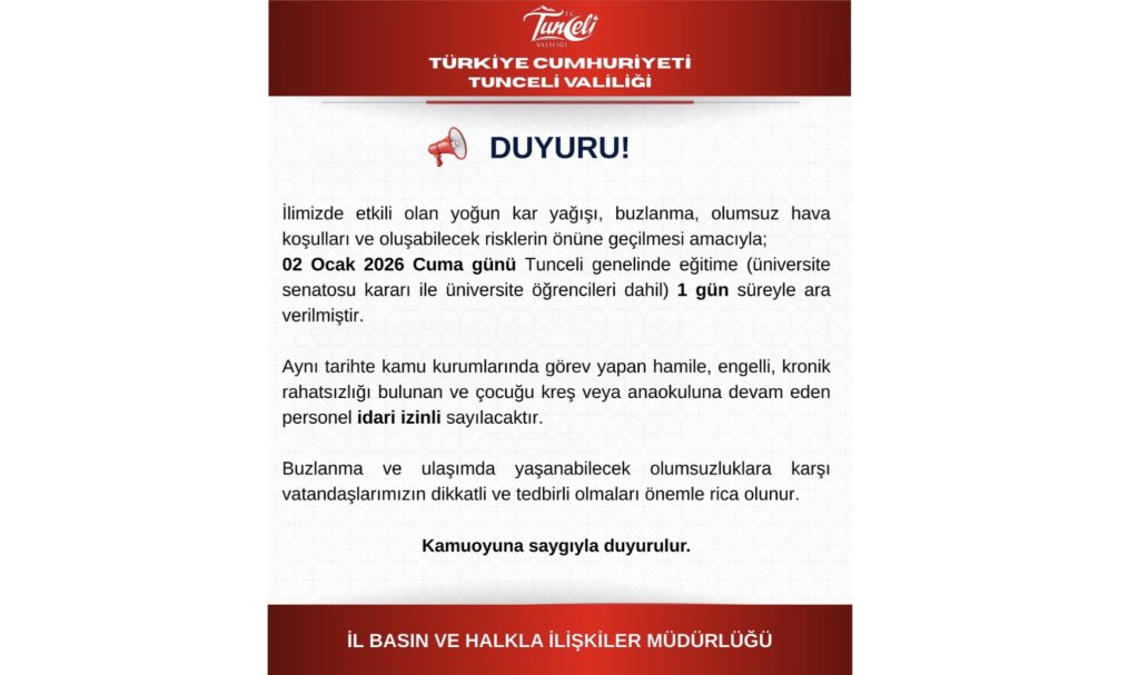 Tunceli’de eğitime 1 gün daha ara verildi