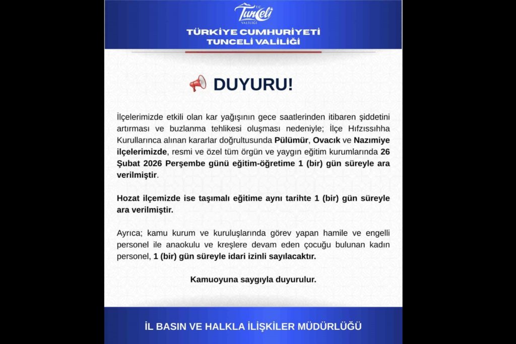 Tunceli’nin 3 ilçesinde eğitime 1 gün ara verildi